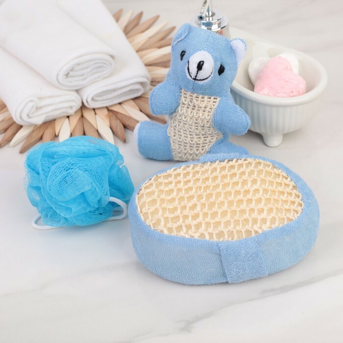 Vonios rinkinys 3 elementai: rankšluosčių žaislas, kempinė, rankšluostis, mėlyna spalva