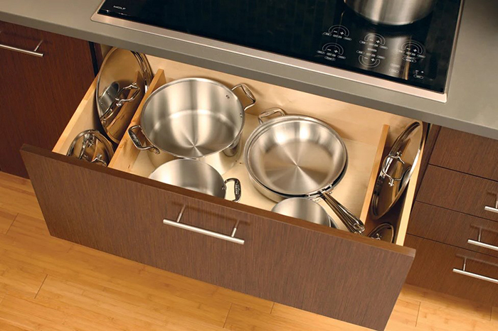 Lids in a drawer with pans