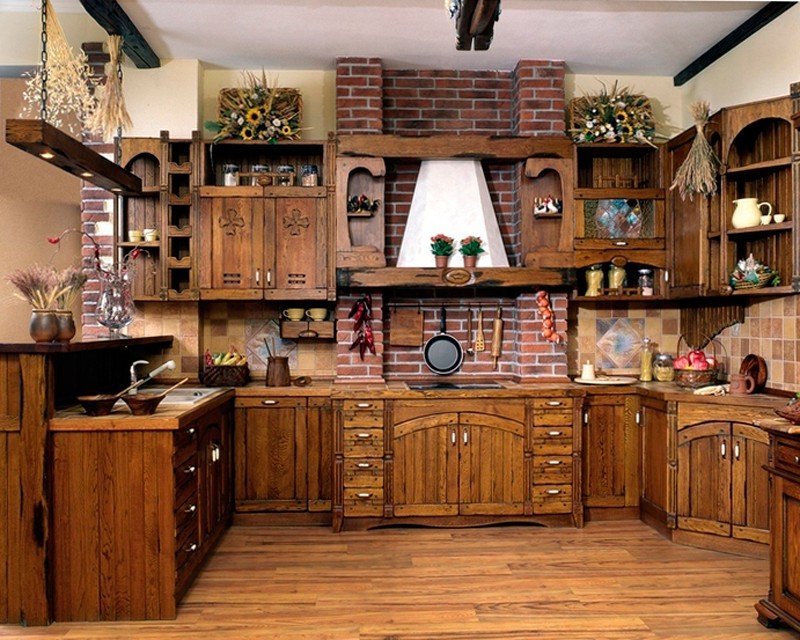 Decoración en el interior de la cocina en estilo rústico.