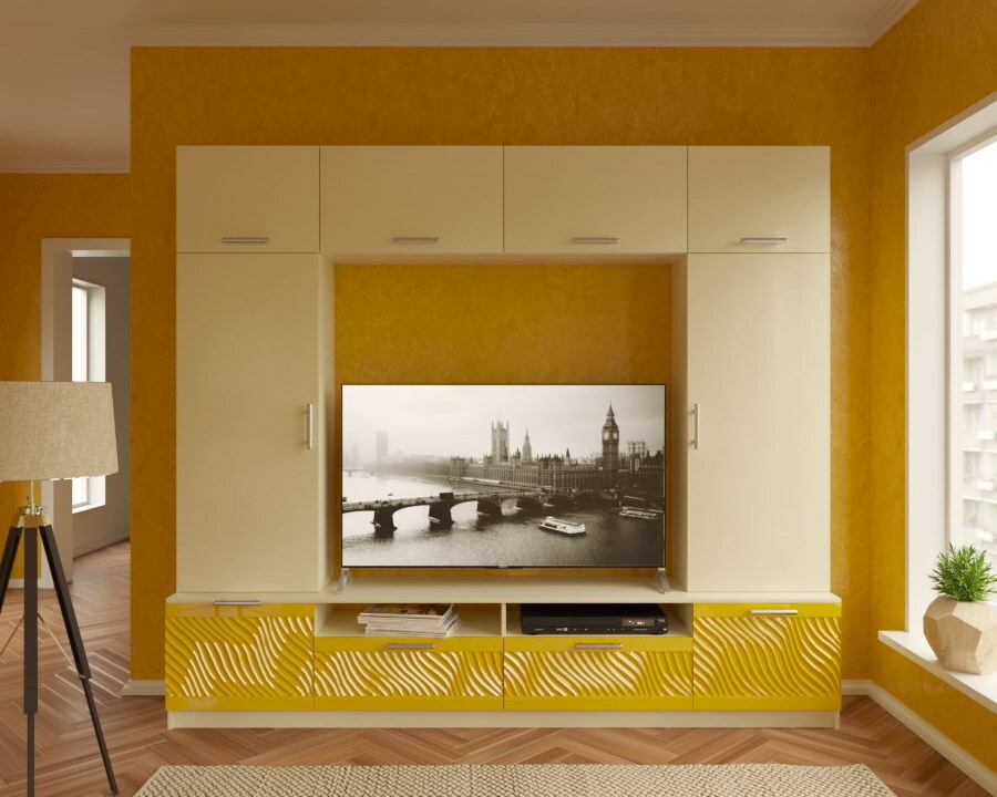 קיר צהוב ולבן בסלון