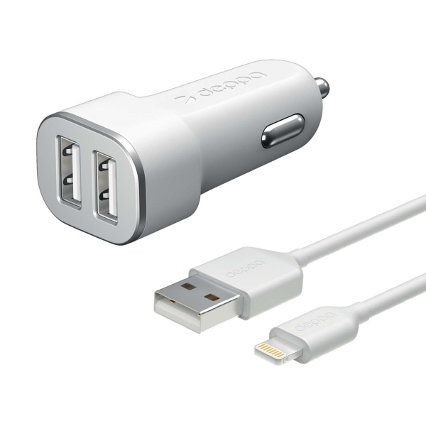 Car charger Deppa 2 USB 2.4A + Lightning MFI cable white 11291