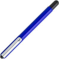 Ballpoint pen, blue body, metal clip, black parts, blue ink