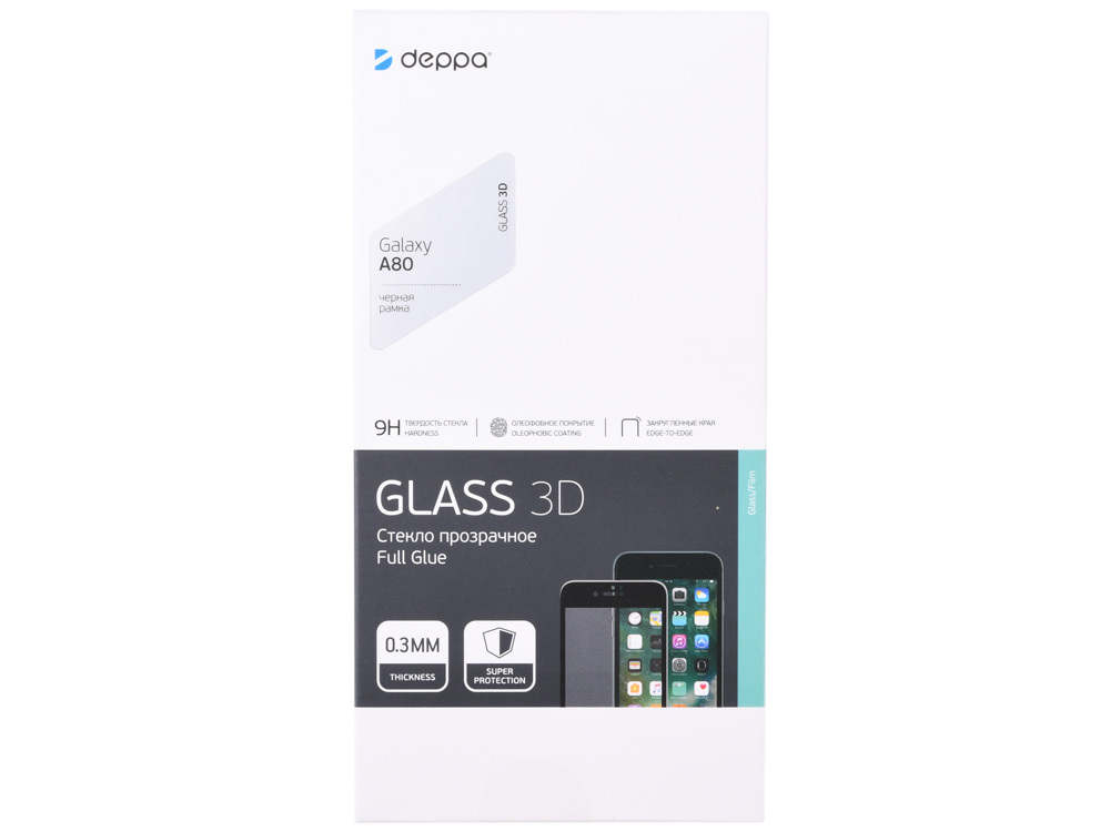 Schutzglas 3D Deppa Full Glue für Samsung Galaxy A80 (2019), 0,3 mm, schwarzer Rahmen