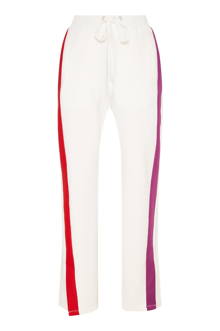 White trousers with multi-colored stripes