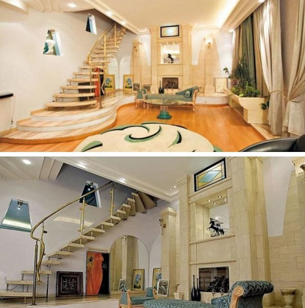 Az előszoba és a nappali díszítésekor világosabb, telítettebb árnyalatokat használtak: barna, zöld, kék és egy kis fehér.