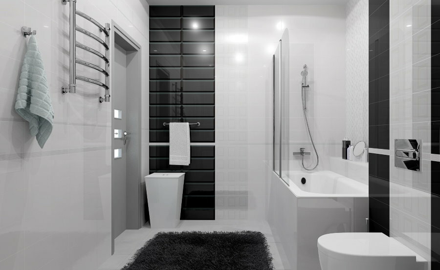 Melns un balts mūsdienu vannas istabas interjers