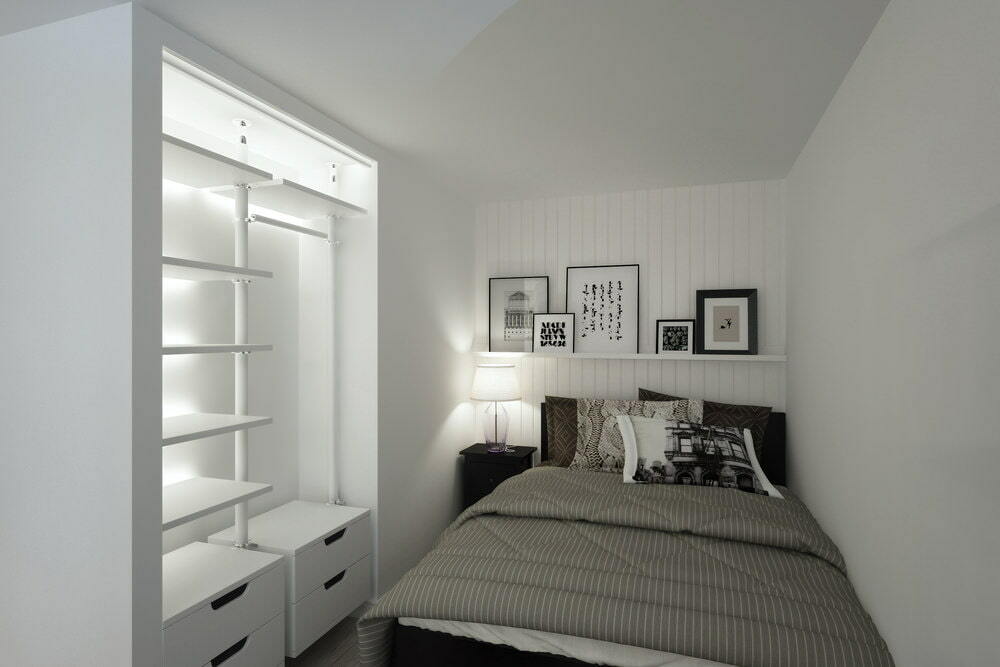 Mała sypialnia małżonków w pokoju jednoosobowym o powierzchni 33 kwadratów