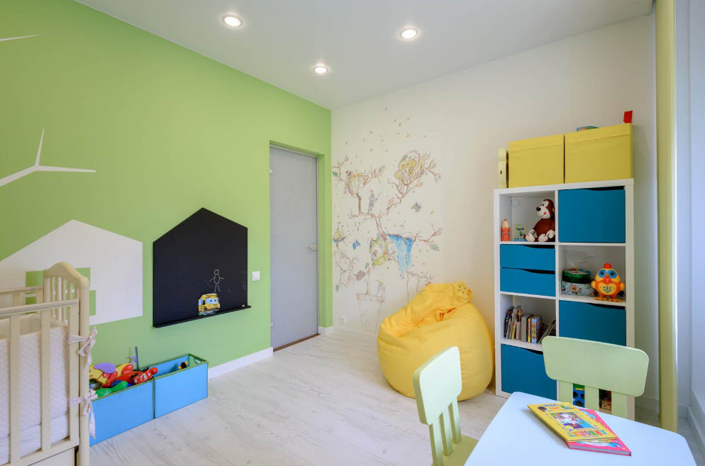 Light green wall of the room for a small child