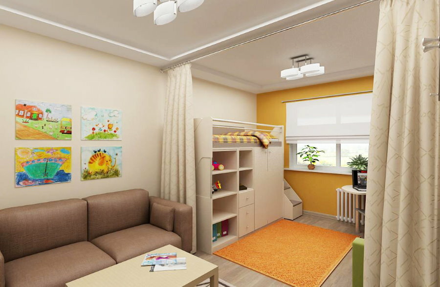 Separation of the children's area from the adult with the help of a curtain