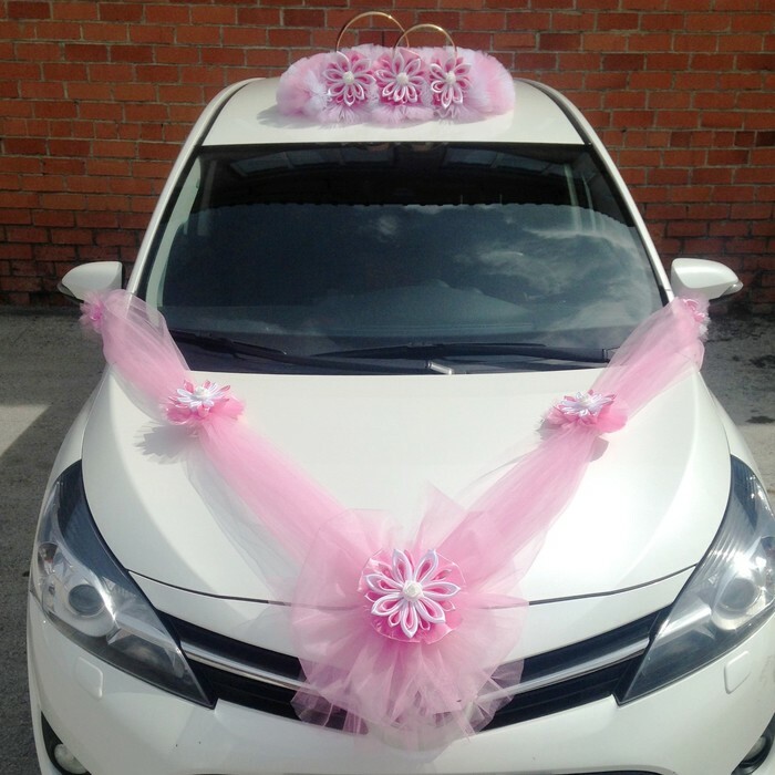 Car decoration set: rings with handmade flowers, 4 bows for the handles, 2 ribbons for the hood, a bow for the radiator, pink