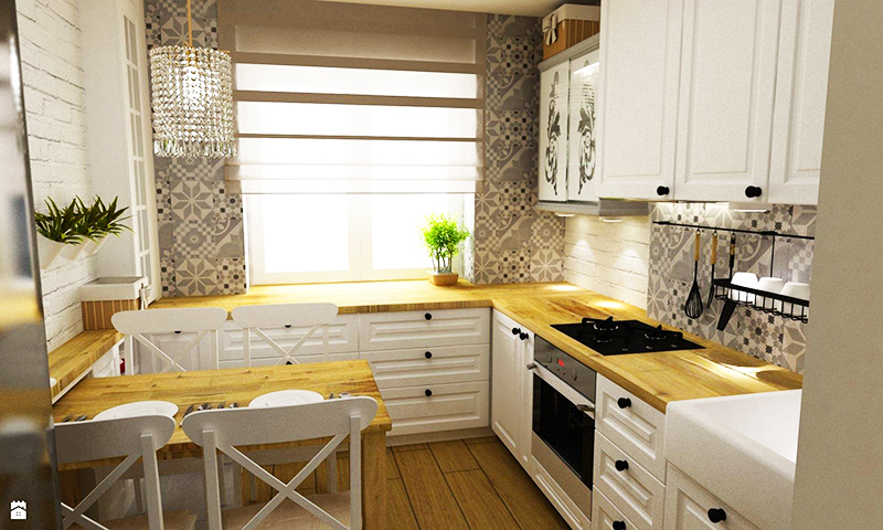 Tente manter todas as superfícies da cozinha no mesmo estilo, as bancadas de madeira são a melhor opção. Para uma cozinha pequena, a solução ideal é criar uma zona em forma de U na qual você possa se mover livremente enquanto prepara o jantar.