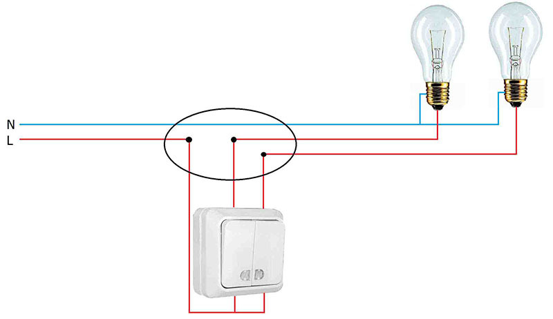 Det enkleste opplegget for tilkobling av en to-knapps bryter for to lys