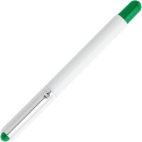 Bolígrafo, cuerpo blanco, clip metálico, partes verdes, tinta azul