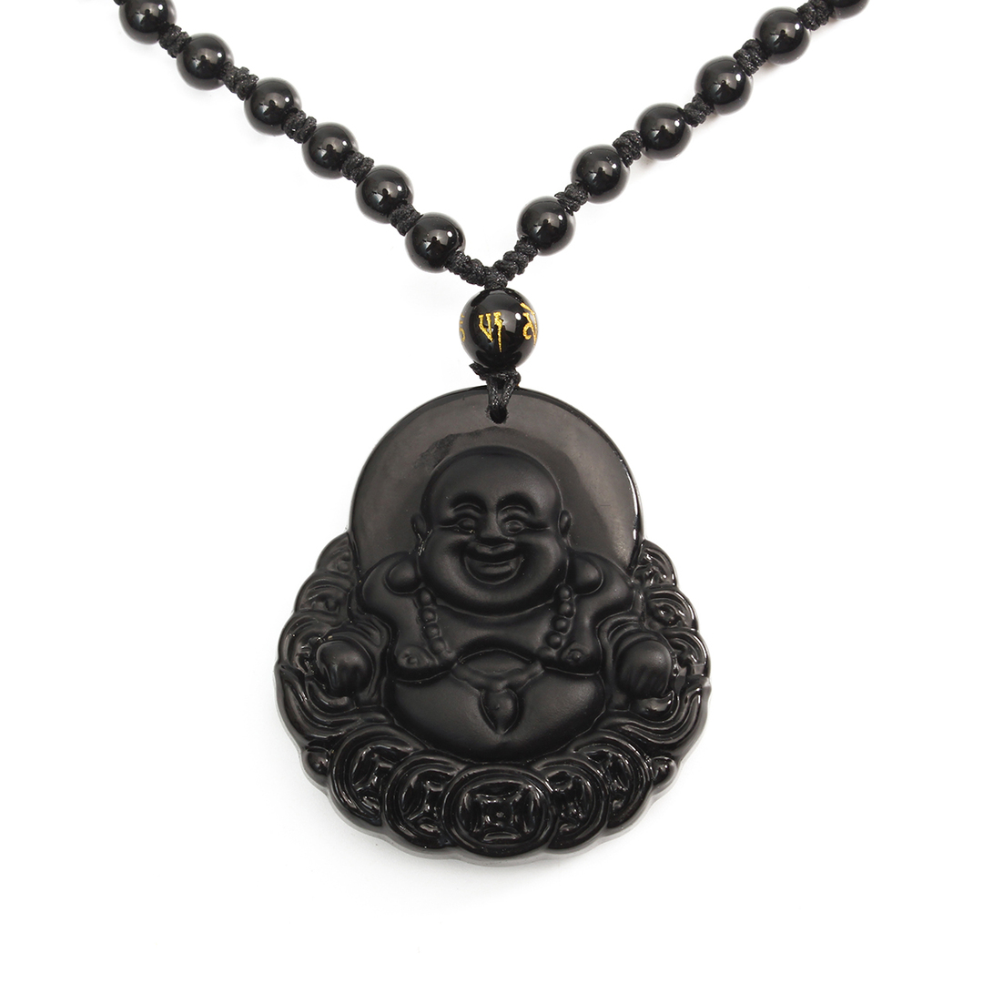 Collar de cadena de oración de cuentas de suerte suerte con colgante de Buda de obsidiana negra