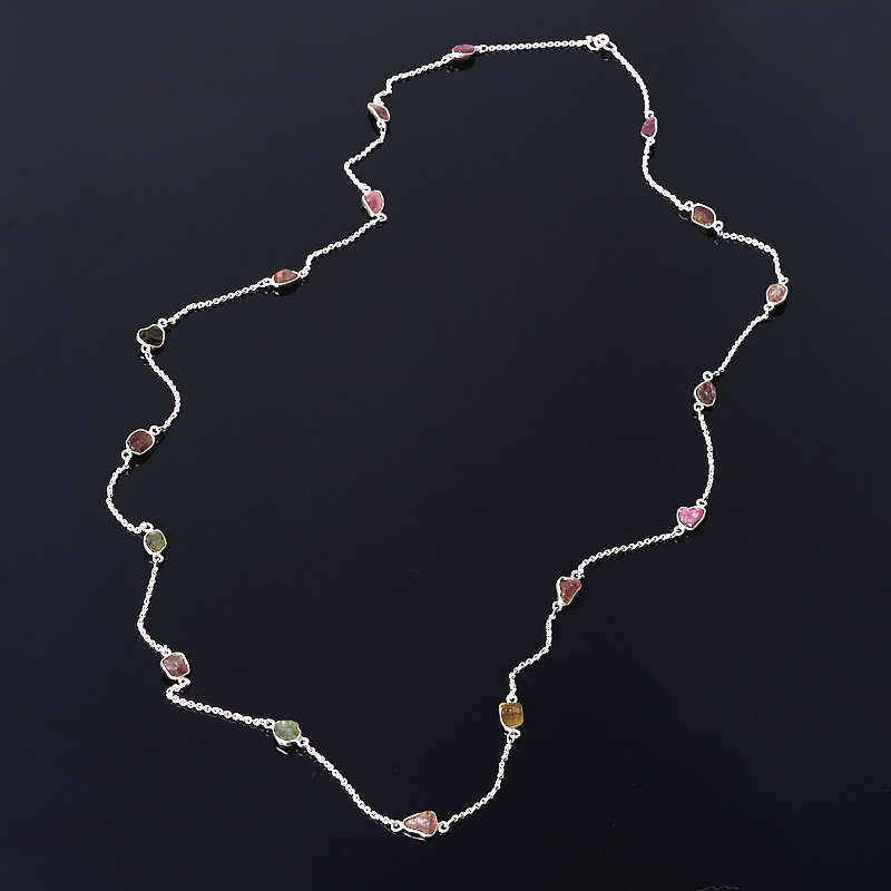 Perles tourmaline verte (verdelite), polychrome, rose (rubellite) (argent 925 etc.) (chaîne) longue 94 cm