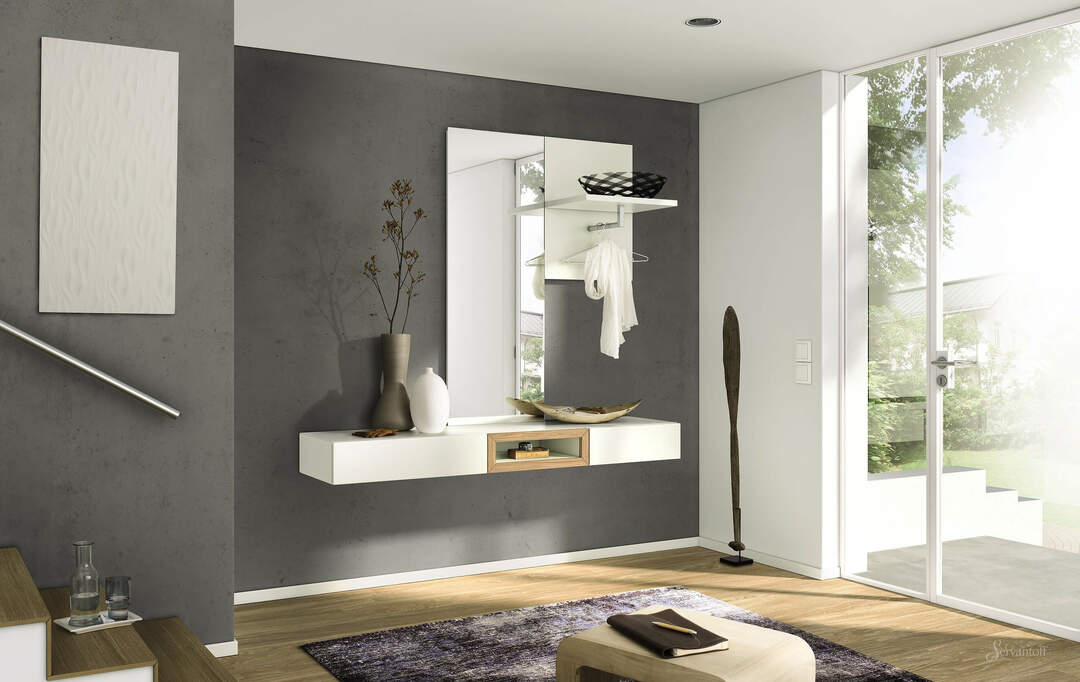 Toiletbord med et spejl på gangen: væg, med en hylde og andre muligheder, indvendige fotos