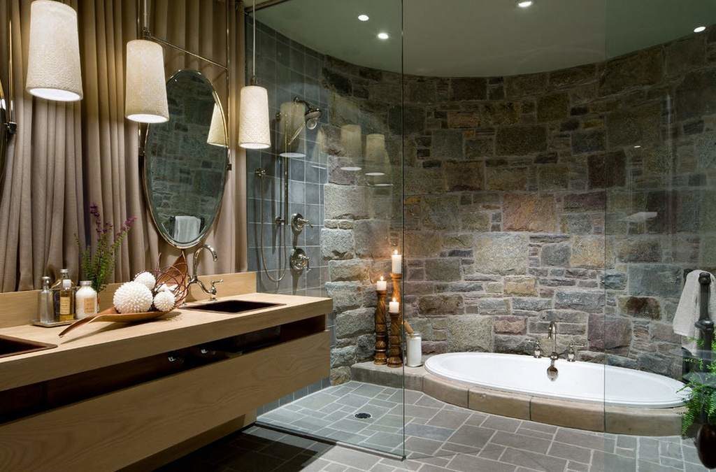 vannas istabas apdare ar akmeni