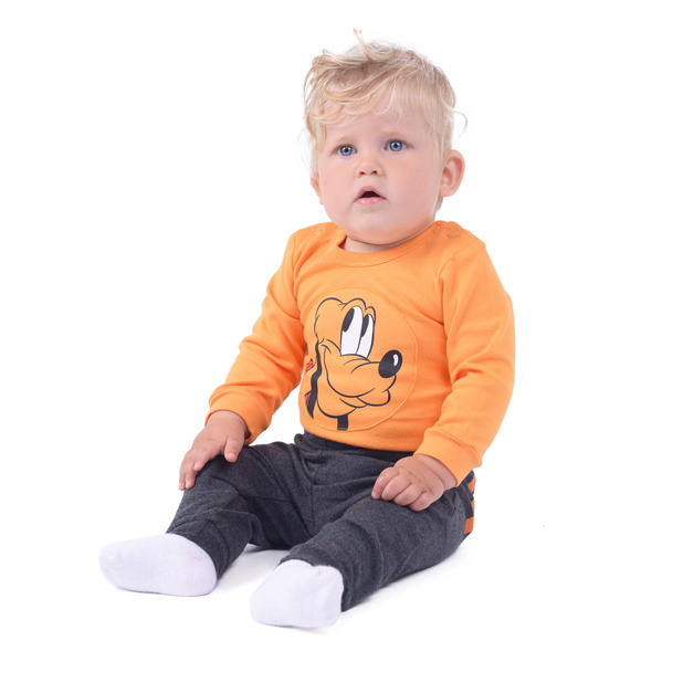 Completo bambino: body arancione, pantaloni grigi