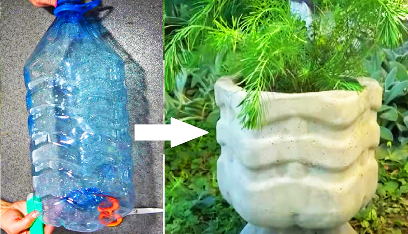 Die Flasche kann als Form zum Gießen von Betonpflanzgefäßen verwendet werden