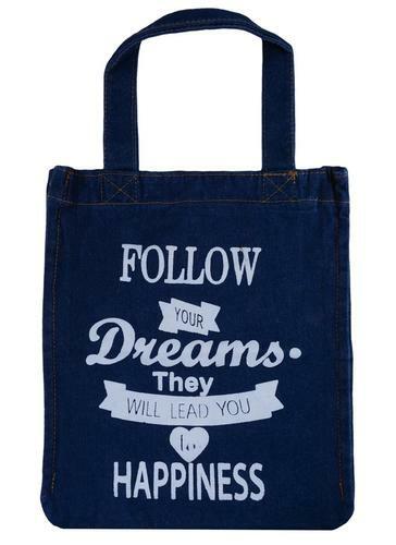 Džinsinis krepšys su užtrauktuku Sekite savo svajones (40 * 33cm) (tamsiai mėlynas)