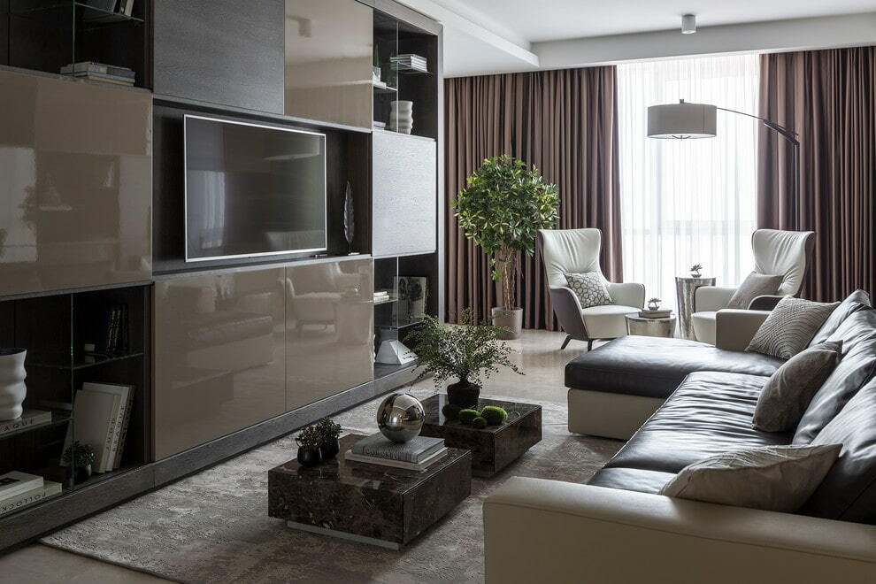Dark glossy wall in a modern living room