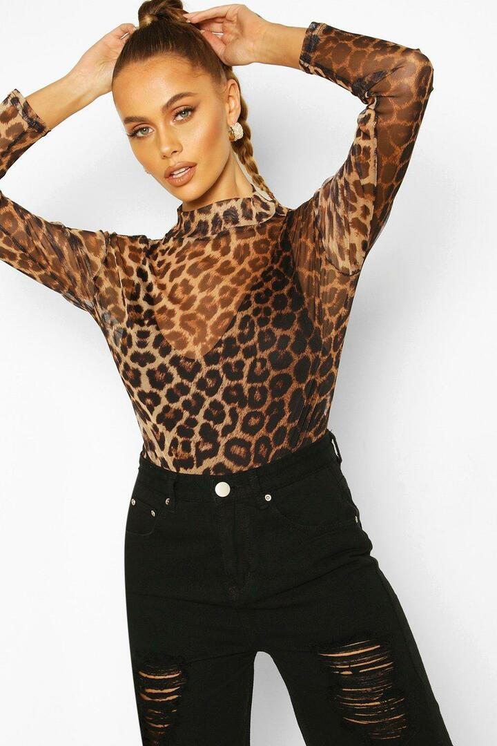Body de malla con estampado de leopardo, manga larga y cuello alto