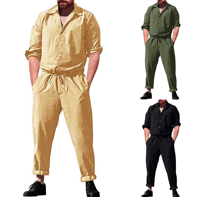 Pánská ležérní kombinéza s dlouhým rukávem, kombinéza, stojací límec, vojenská kombinéza, přepravní kalhoty