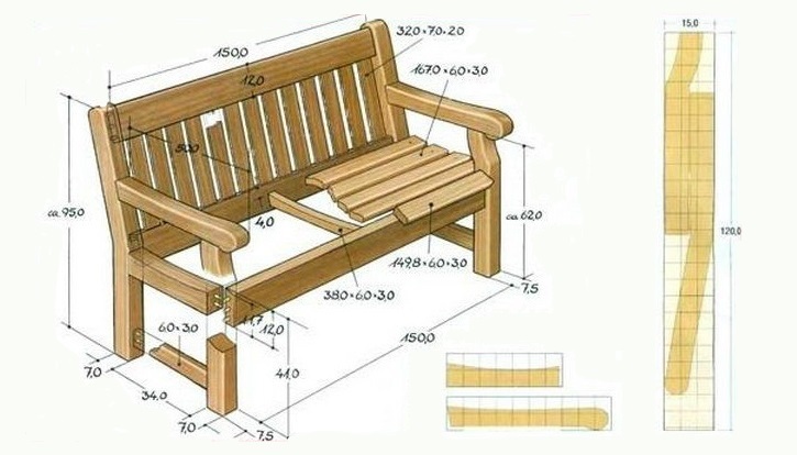 Schemat drewnianej ławki z wymiarami