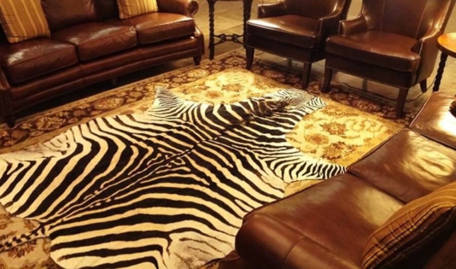 Āfrikas stila paklājs blakus ādas atzveltnes krēslam
