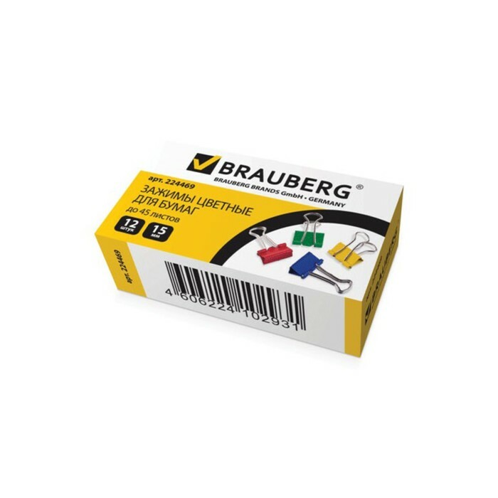 Spony na papiere BRAUBERG, SADA 12 ks., 15 mm, 45 listov, farebné, v kartónovej škatuli 224469