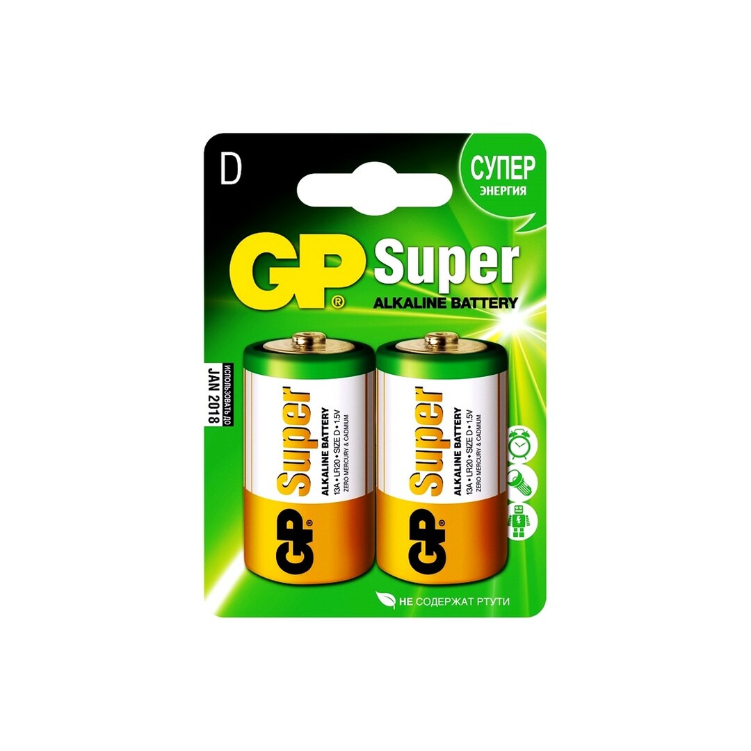 Batteri GP Super Alkaline 13A, standardstørrelse D 2 stk. i blister