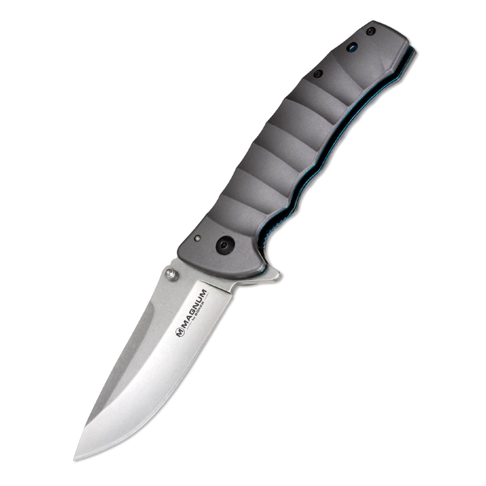 Foldekniv Magnum Blue Drop, stål 440A Stonewash Plain, håndtag anodiseret aluminium, grå, Boker 01RY199