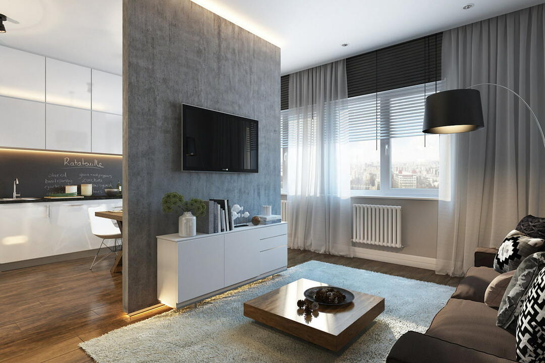 Stúdió apartman kialakítása: modern egyszobás belső tér, fotó