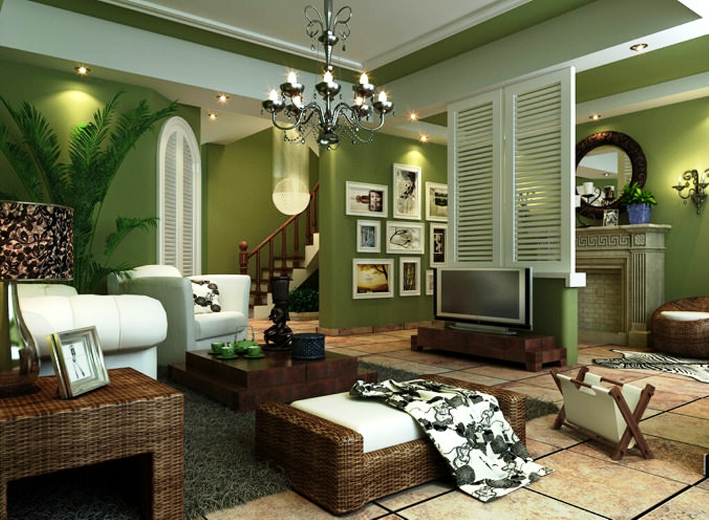 olohuoneen seinät vihreillä sävyillä