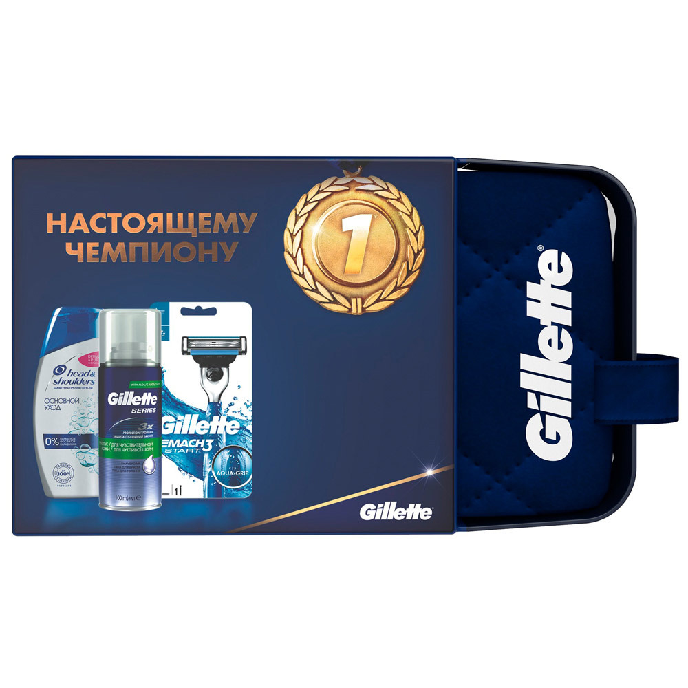 Dovanų rinkinys „Gillette“ ir galvos ir pečių „Mach3 Start“ skustuvas su 1 pakaitine kasete + skutimosi putomis + pagrindiniu šampūnu