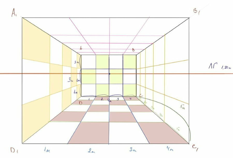 Boceto de una habitación en perspectiva con cuadrados a escala