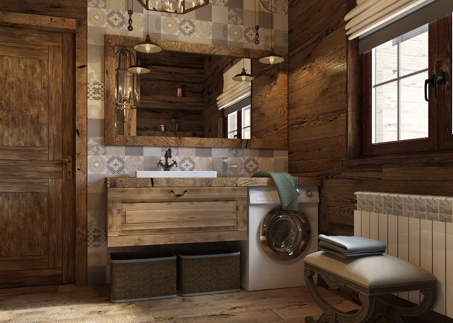 Lauku stila vannas istabas apdare ar laminātu