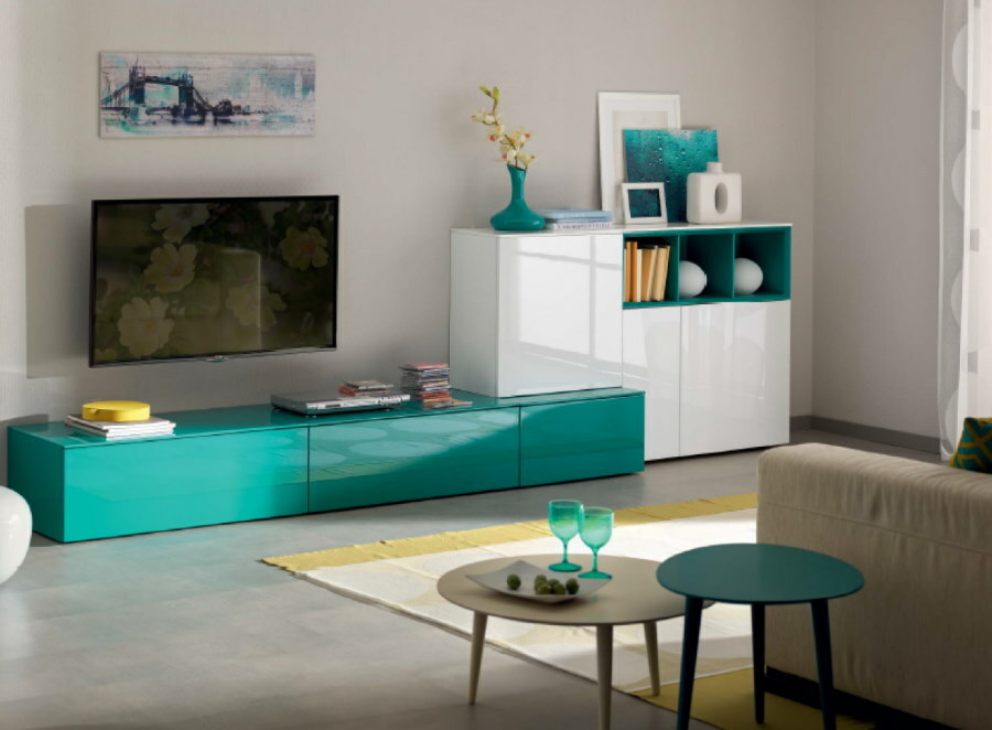 Turquoise curbstone and white chest of drawers in a set of walls for the hall