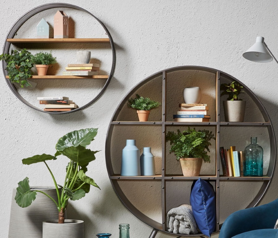 Living room wall with round shelves