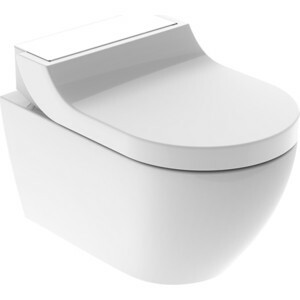 Shower toilet wall mounted Geberit AquaClean Tuma Comfort Rimfree, with lift seat, design panel white glass (146.294.SI.1)