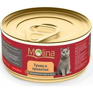 Alimentos enlatados Molina Carne natural em geléia de atum e camarão para gatos 80g (0924)
