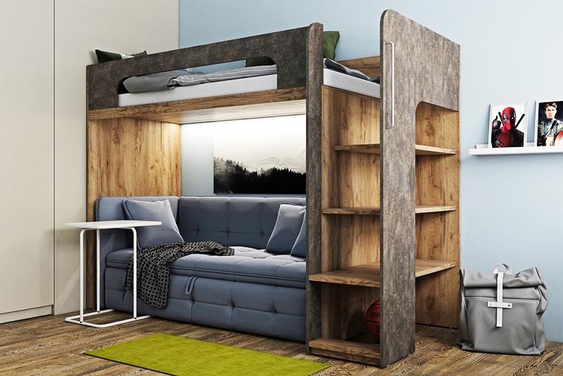 מיטת לופט עם ספה: דגמים מודרניים, רעיונות ורישומים