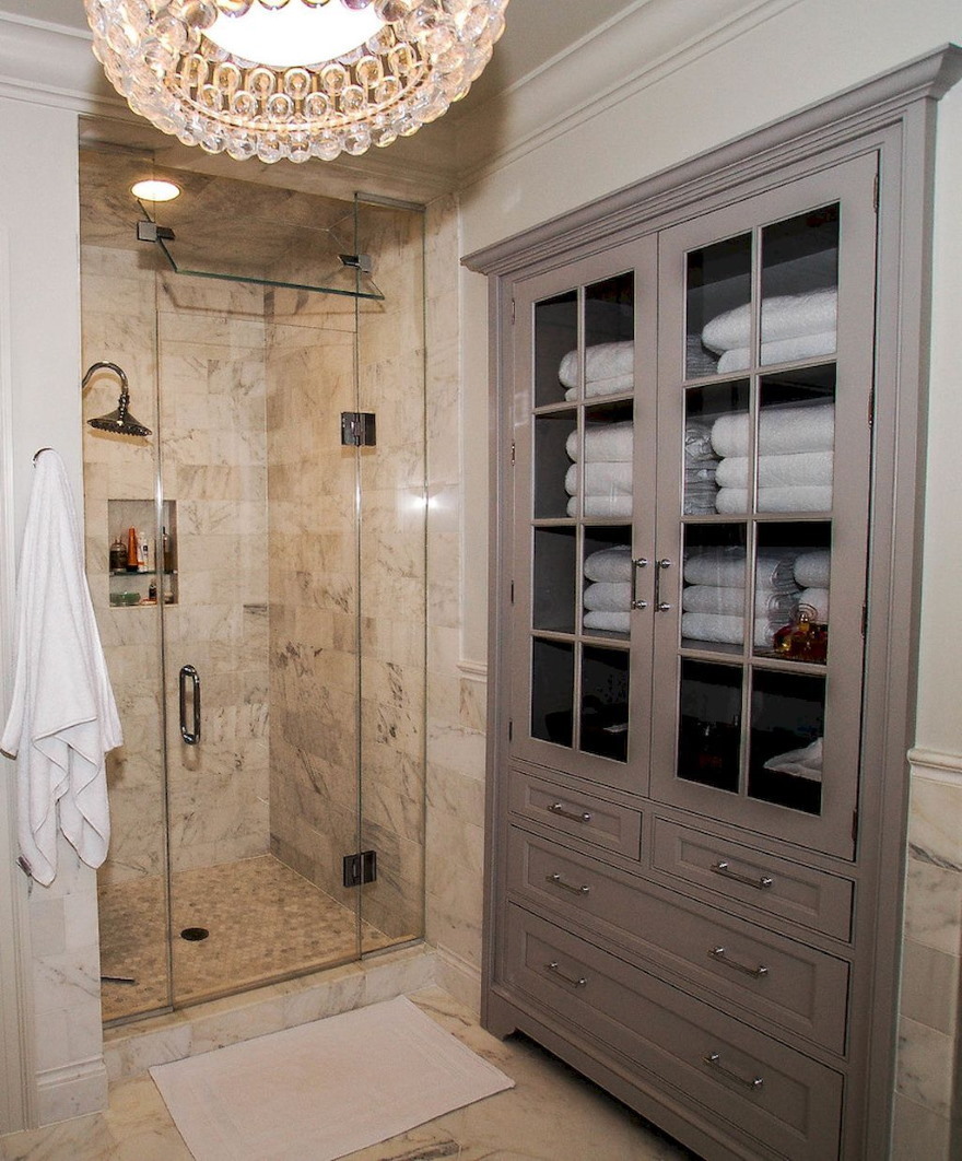 Closed cabinet with hinged doors in the bathroom