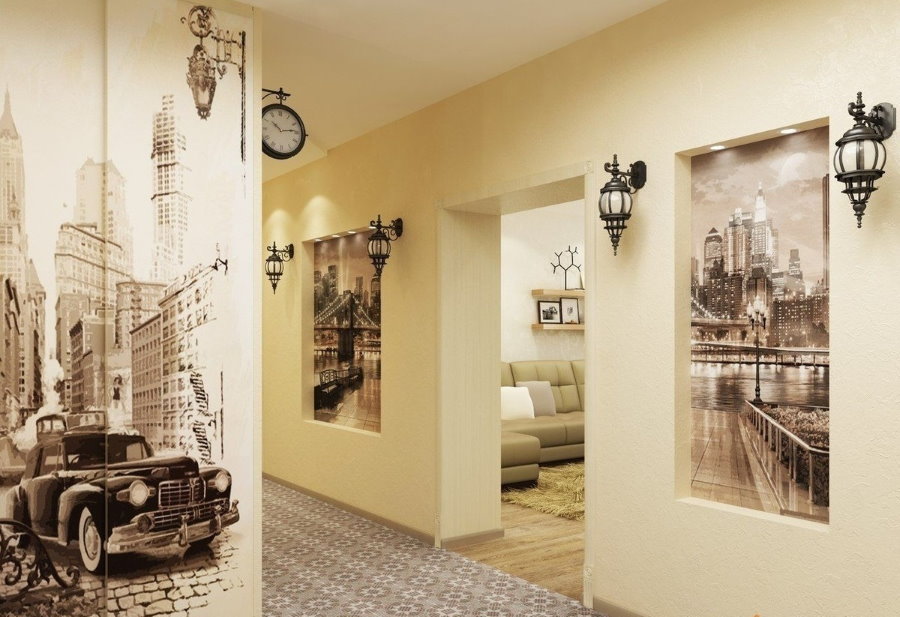 Stylish wallpaper with photo printing in the niche of the wall of the hallway of the room