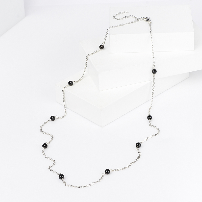 Beads agate black (bij. alloy, steel chir.) (chain) long 6 mm 73 cm (+7 cm)