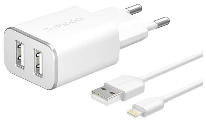 Deppa 2 USB 2.4A wall charger + Lightning MFI cable white