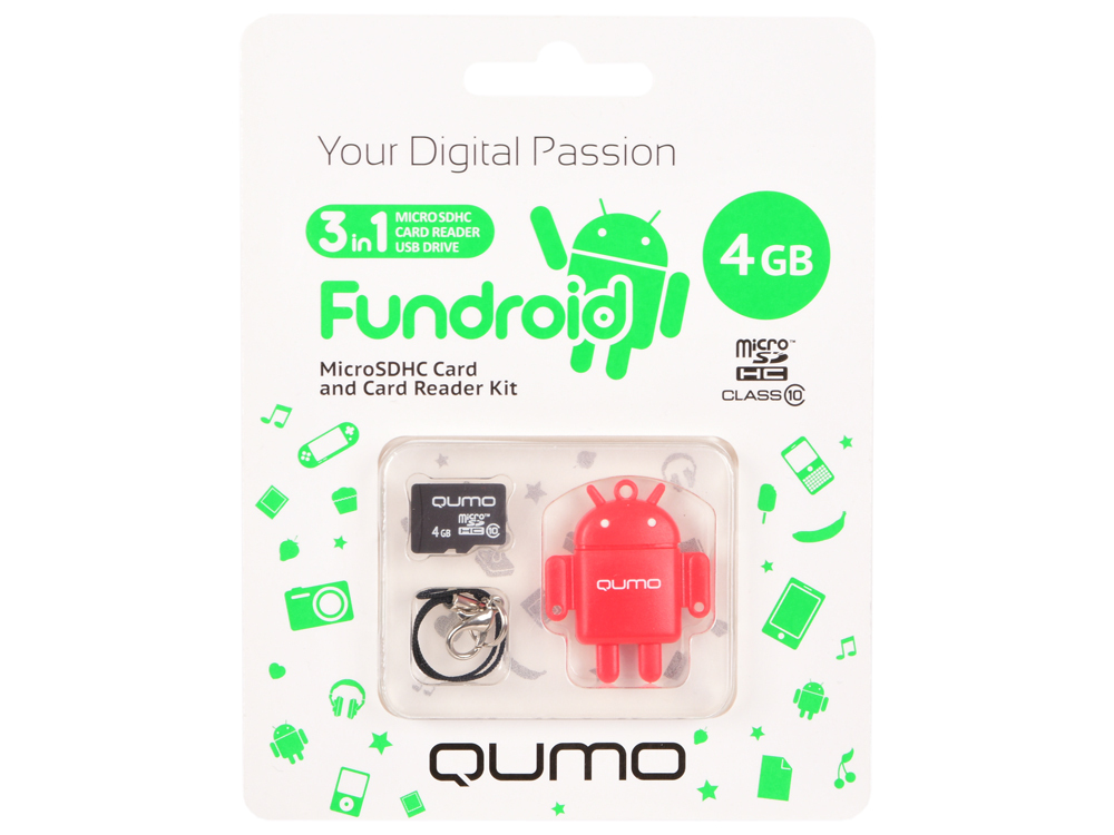 Karta pamięci Micro SDHS 4GB klasy 10 Qumo + czytnik kart USB FUNDROID czerwony