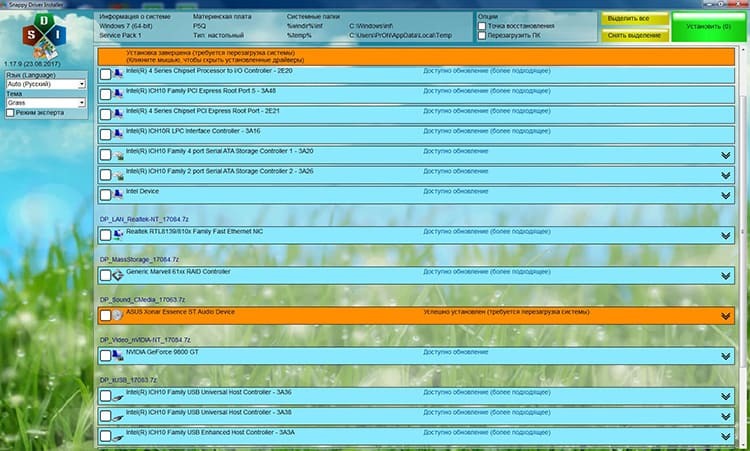 Snappy Driver Installer præsenterer oplysninger på skærmen i detaljer om status for driverne i systemet.