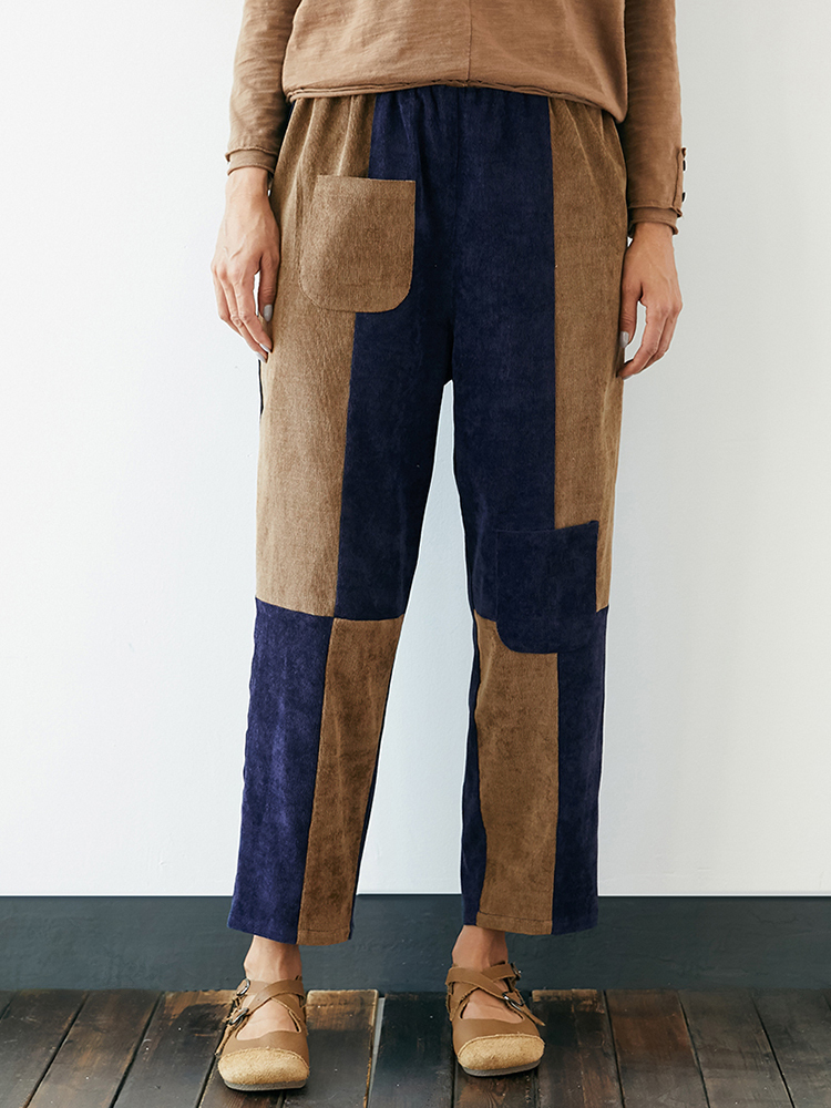 Sztruksowe patchworkowe spodnie z kieszeniami w dużych rozmiarach