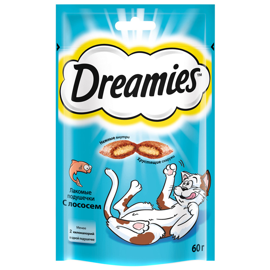 Deliziosi cuscinetti per gatti adulti Dreamies al salmone 60g